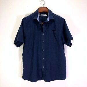 Tommy Bahama Men's Large Blue Linen Blend Camp Shirt Short Sleeve Button Front